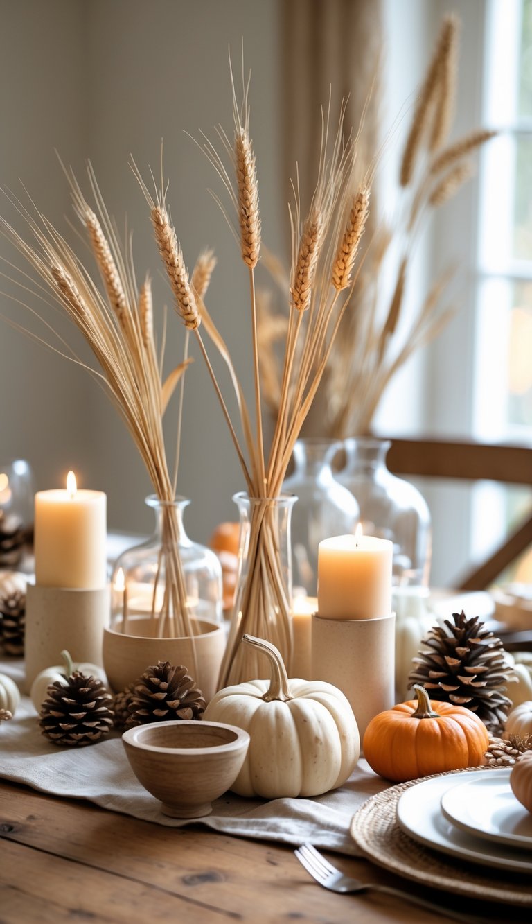 A Thanksgiving table with natural centerpieces including small pumpkins, dried wheat, pine cones, and candles arranged on a wooden table.