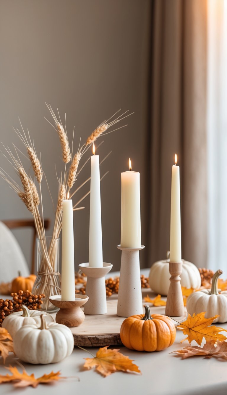 A table with simple white candles surrounded by small pumpkins, dried wheat, and fall leaves in warm autumn colors.