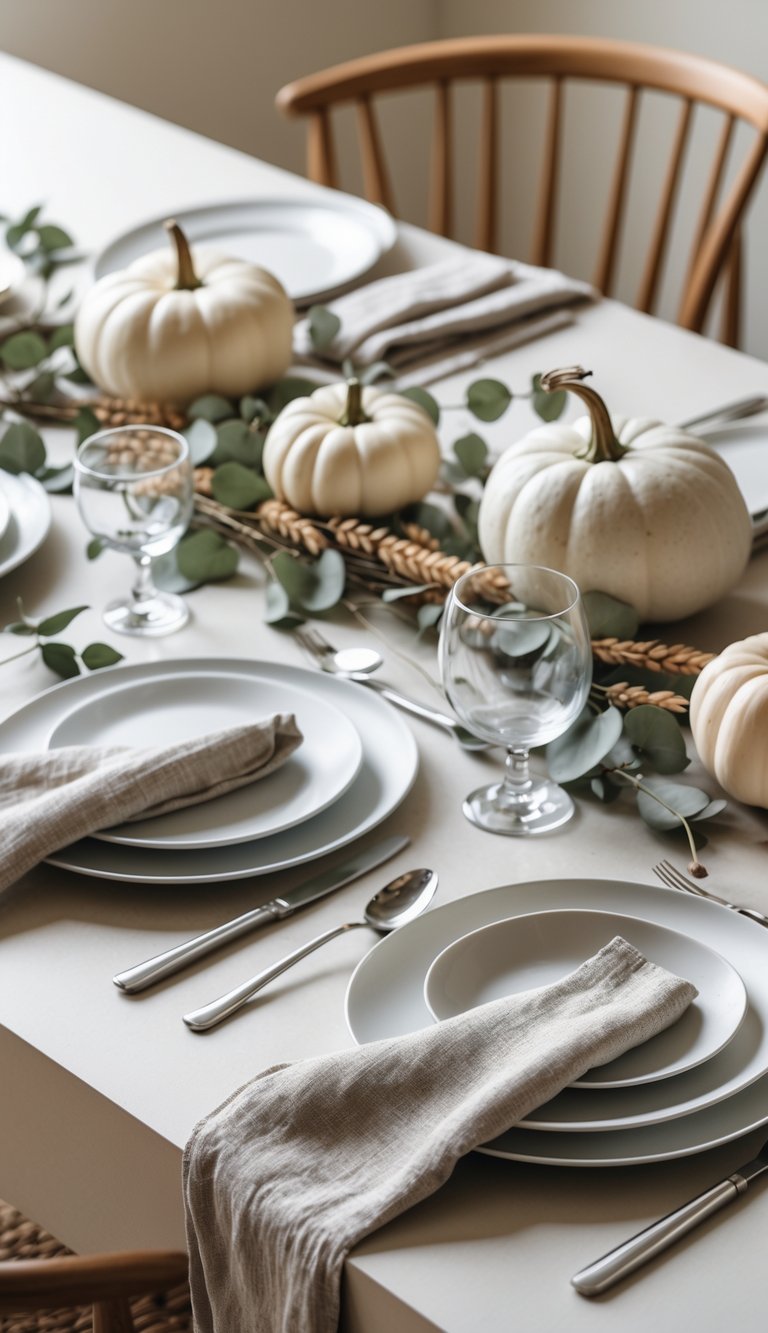 A neatly arranged Thanksgiving table with white plates, linen napkins, silver cutlery, small pumpkins, and dried wheat decorations on a neutral-colored table.