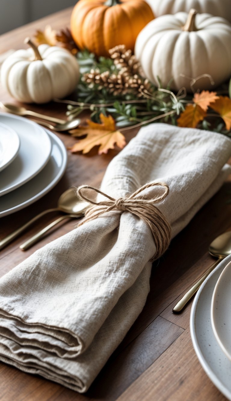 A Thanksgiving table with linen napkins tied with twine, small pumpkins, dried leaves, and greenery on a wooden surface.