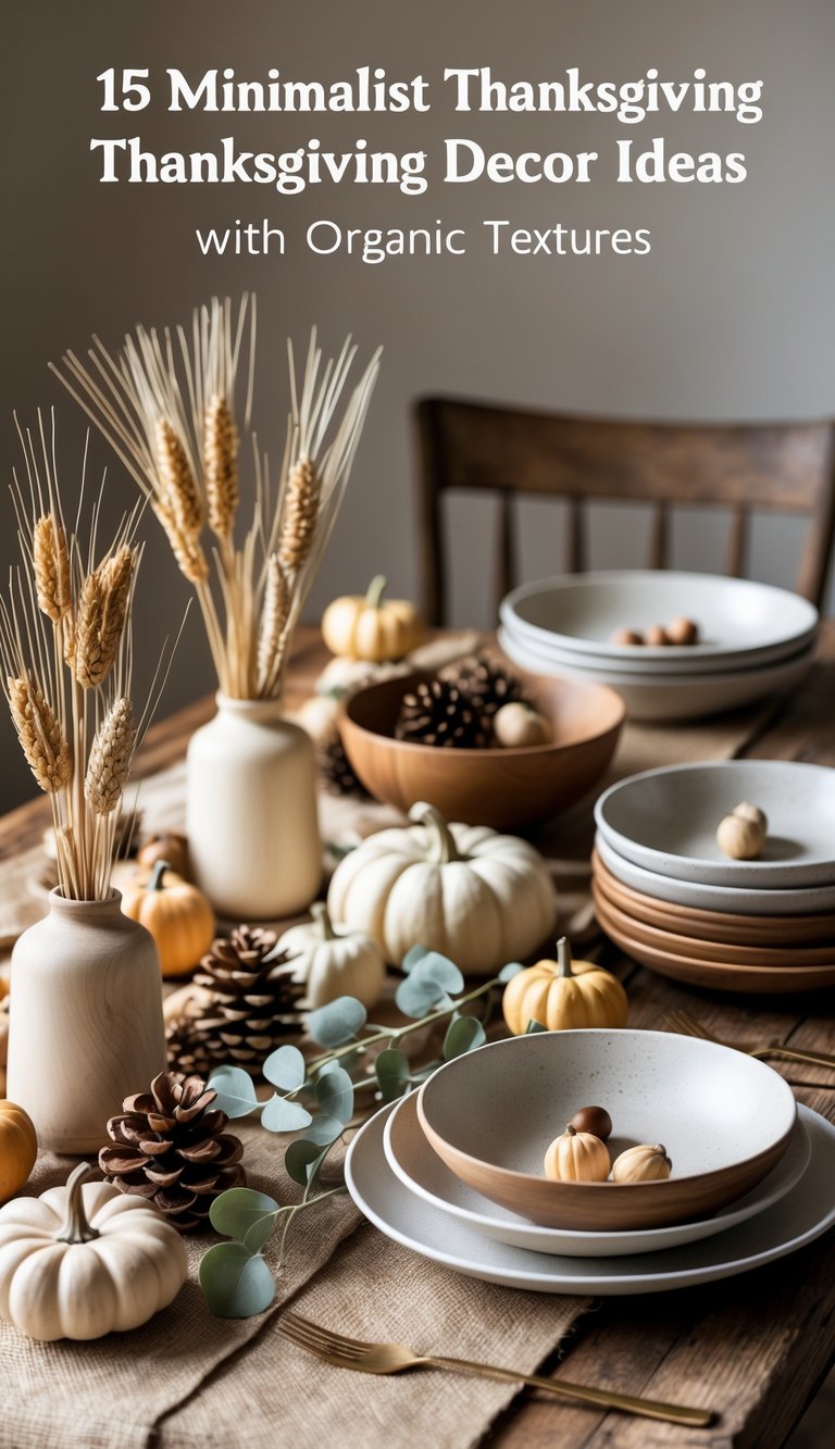 A rustic wooden table set with minimalist Thanksgiving decorations including dried wheat, pine cones, small pumpkins, and neutral-toned ceramics.