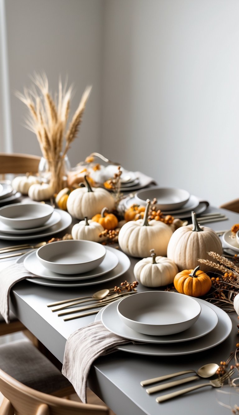 A minimalist Thanksgiving table setting with white plates, simple cutlery, small pumpkins, dried wheat stalks, and neutral linen napkins on a wooden table.