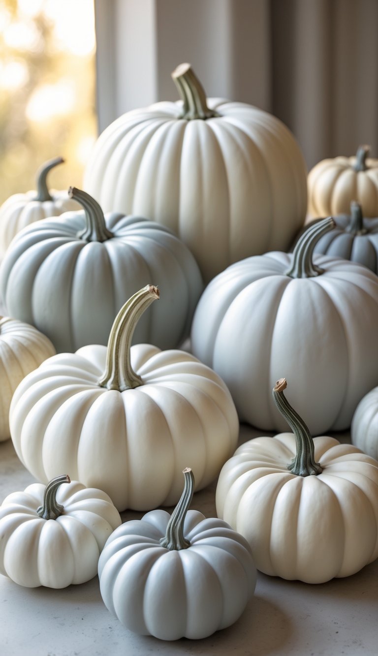 A collection of fifteen white and light gray pumpkins arranged on a neutral surface with soft natural lighting.