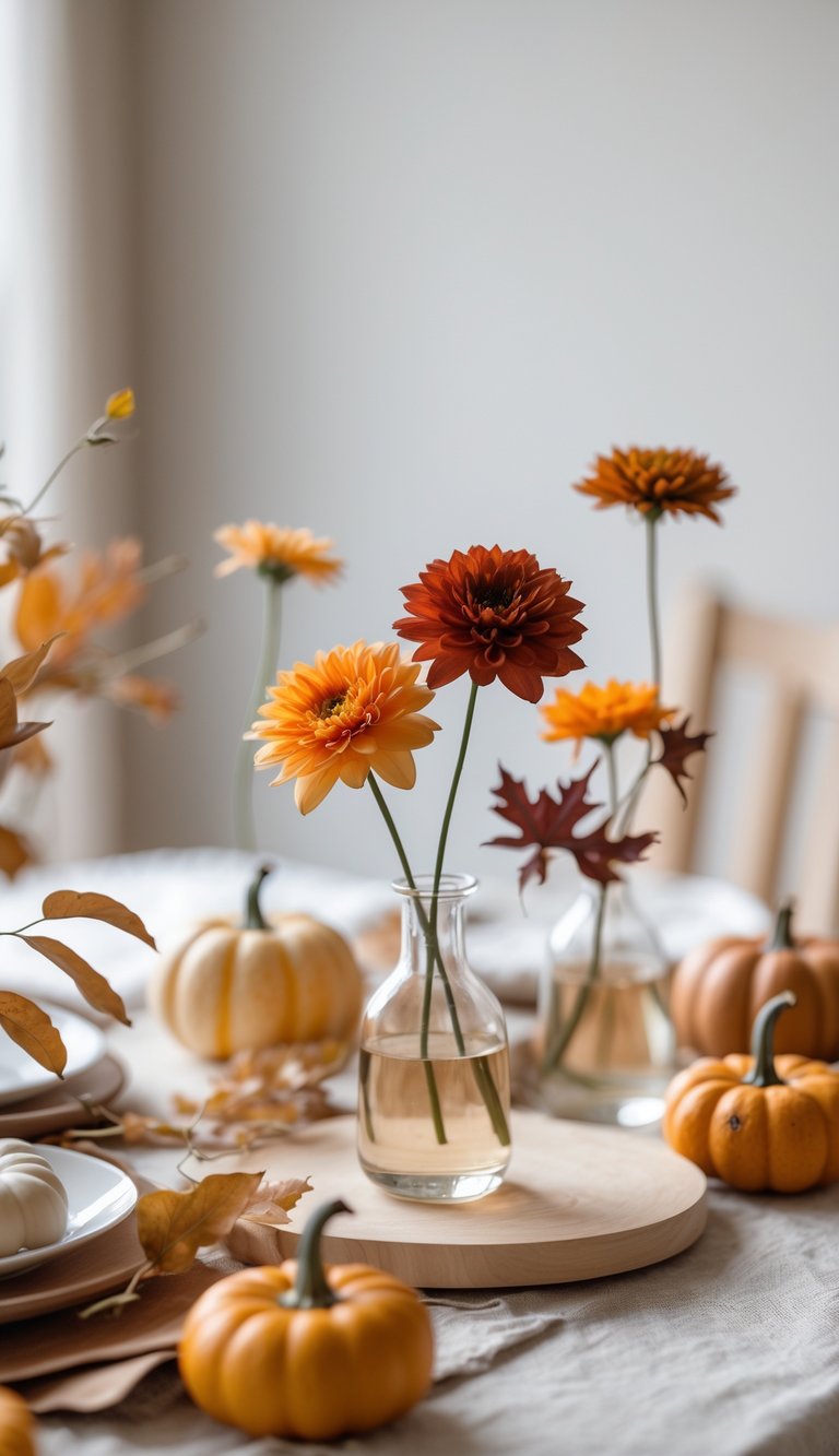 A minimalist Thanksgiving table decorated with single bloom flowers in small glass vases, accompanied by pumpkins and dried leaves.