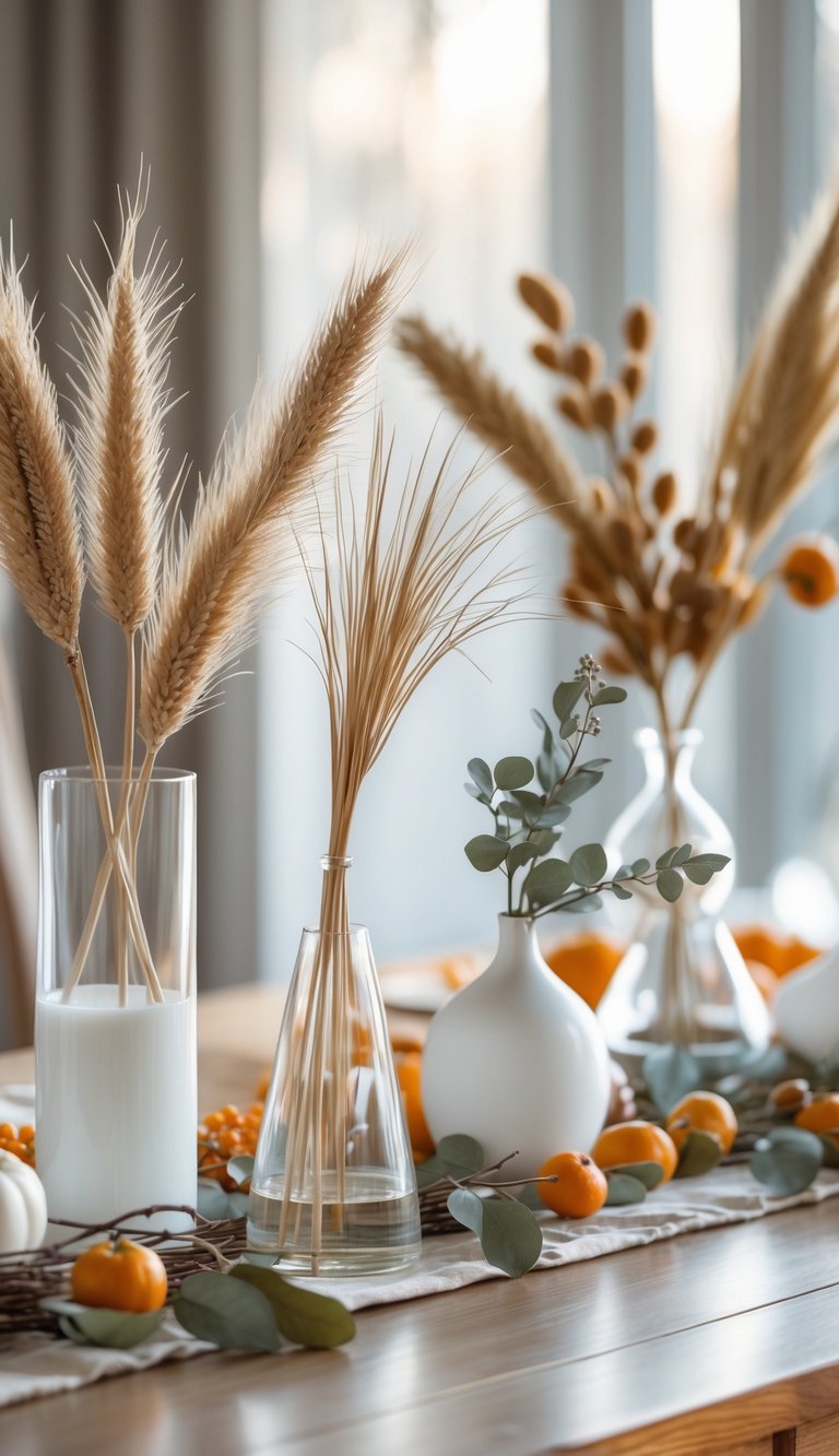 A wooden table with clear glass and white vases holding dried wheat, pampas grass, eucalyptus, and small orange berries arranged for Thanksgiving decoration.