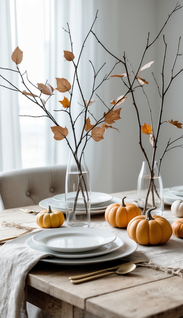A minimalist Thanksgiving table with bare branch accents, pumpkins, and simple tableware on a wooden surface.