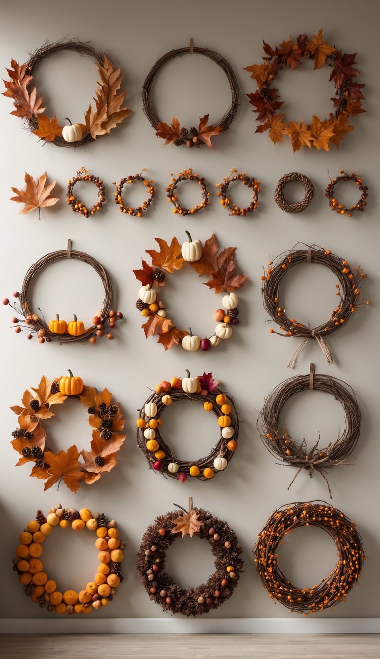 A display of fifteen simple Thanksgiving wreaths made of dried leaves, small pumpkins, acorns, and twigs hanging on a light-colored wall.