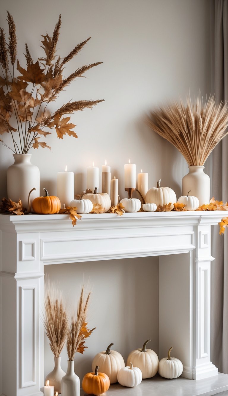 A mantel decorated with simple Thanksgiving items including small pumpkins, candles, dried wheat, and autumn leaves arranged neatly.