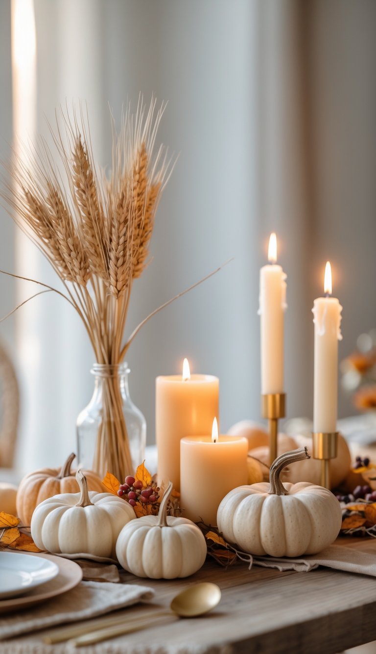 A wooden table set with small pumpkins, dried wheat, and candles under soft warm lighting creating a cozy Thanksgiving atmosphere.