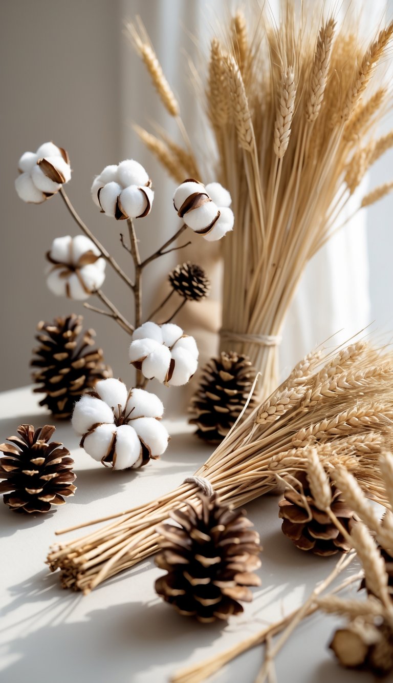 An arrangement of pinecones, cotton stems, and dried wheat stalks on a light surface.