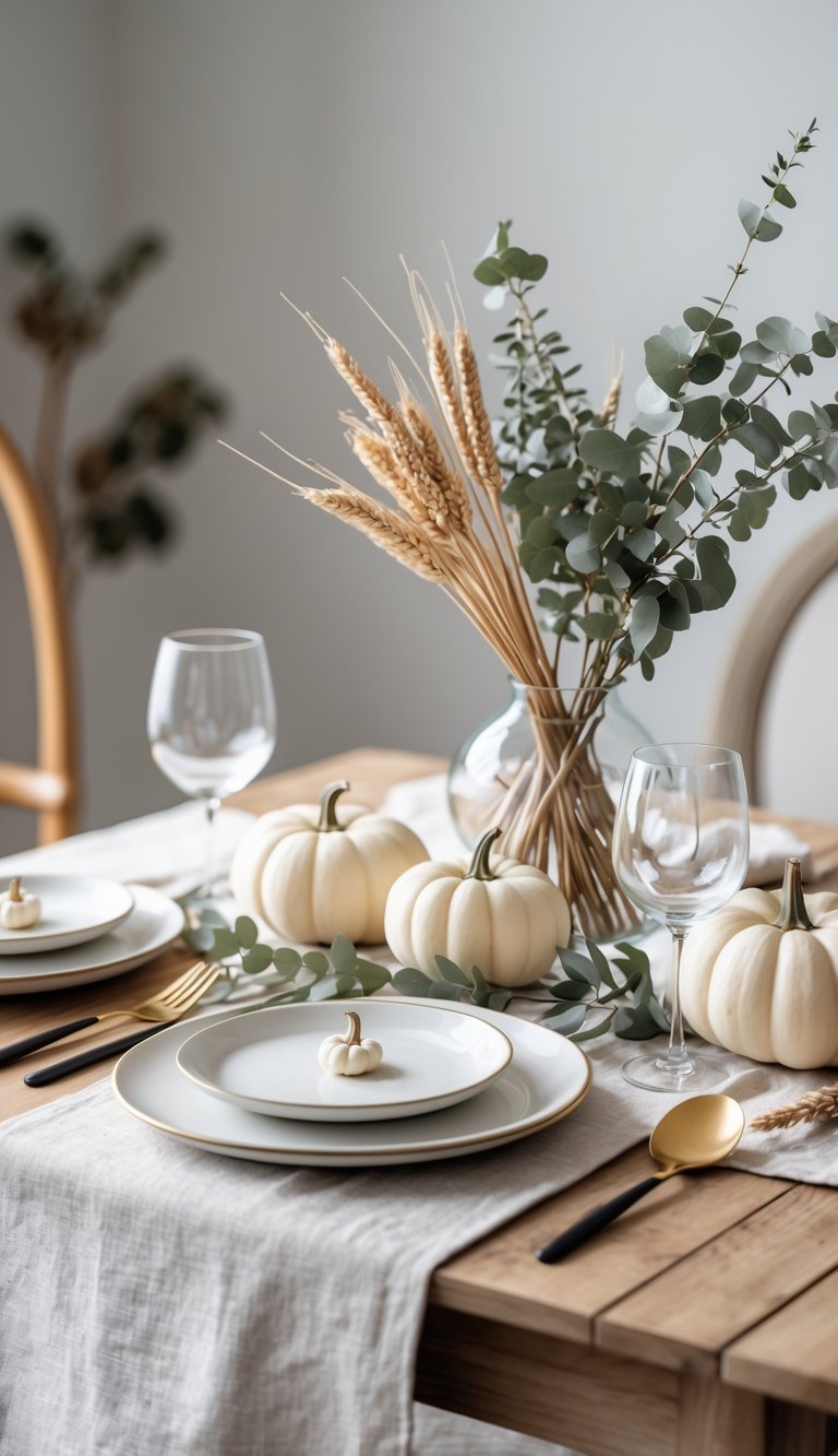A dining table set with simple Thanksgiving decorations including small white pumpkins, dried wheat, eucalyptus in a glass vase, white plates, and beige napkins.