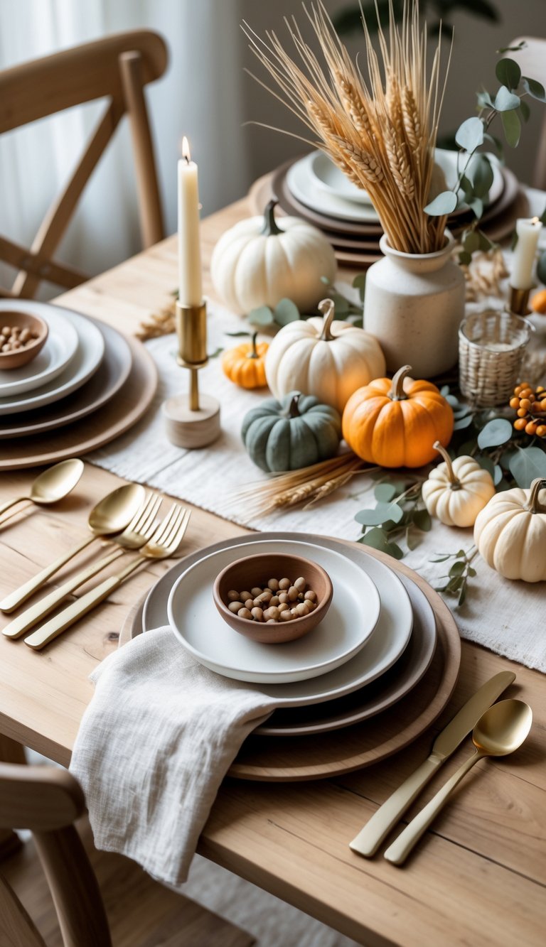 A wooden table set with minimalist Thanksgiving decorations including small pumpkins, dried wheat, eucalyptus leaves, candles, and ceramic plates in warm neutral colors.