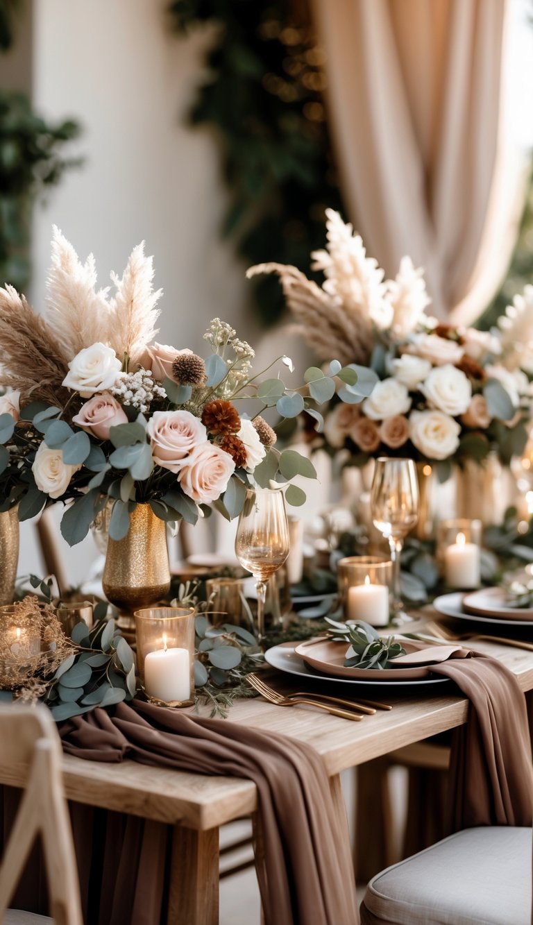 A wedding table decorated with brown and beige linens, white and blush flowers, candles, and wooden chairs in a warm, elegant setting.