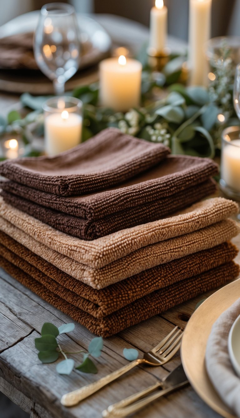 Close-up of folded mocha and butterscotch napkins arranged on a wooden table with greenery and candles.