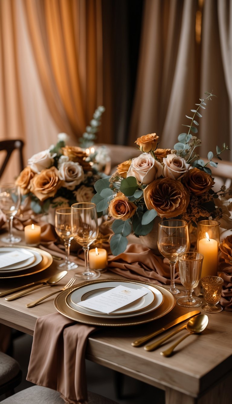 A wedding table decorated with mocha-colored linens, amber flowers, candles, and rustic wooden accents in warm lighting.