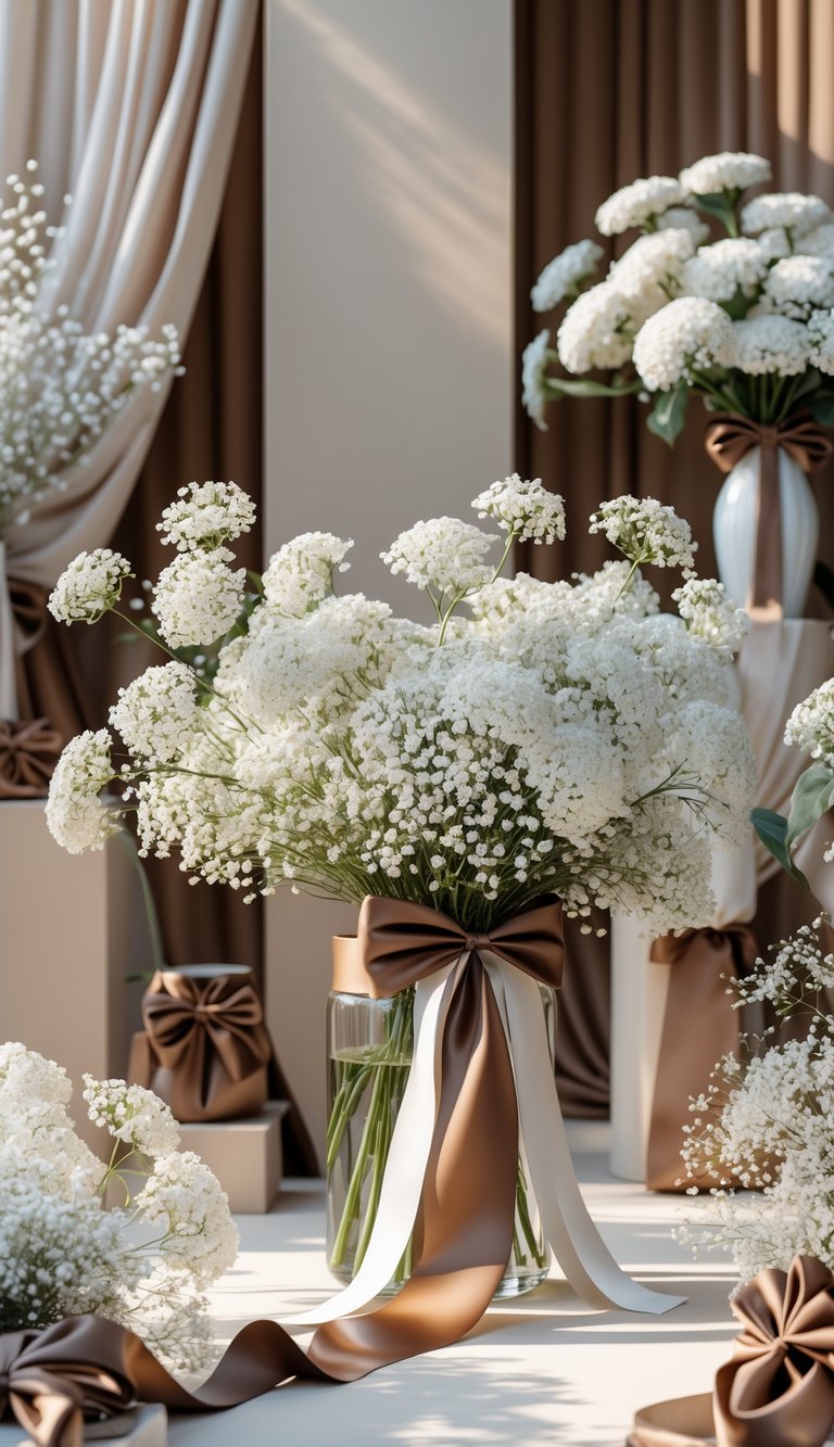 Close-up of white baby's breath flowers arranged with mocha-colored accents in wedding decor.