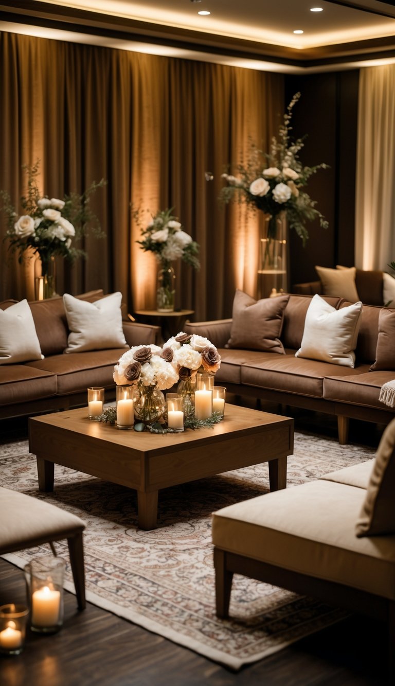 A warm and inviting reception lounge with mocha-toned sofas, floral centerpieces, candles, and soft lighting.