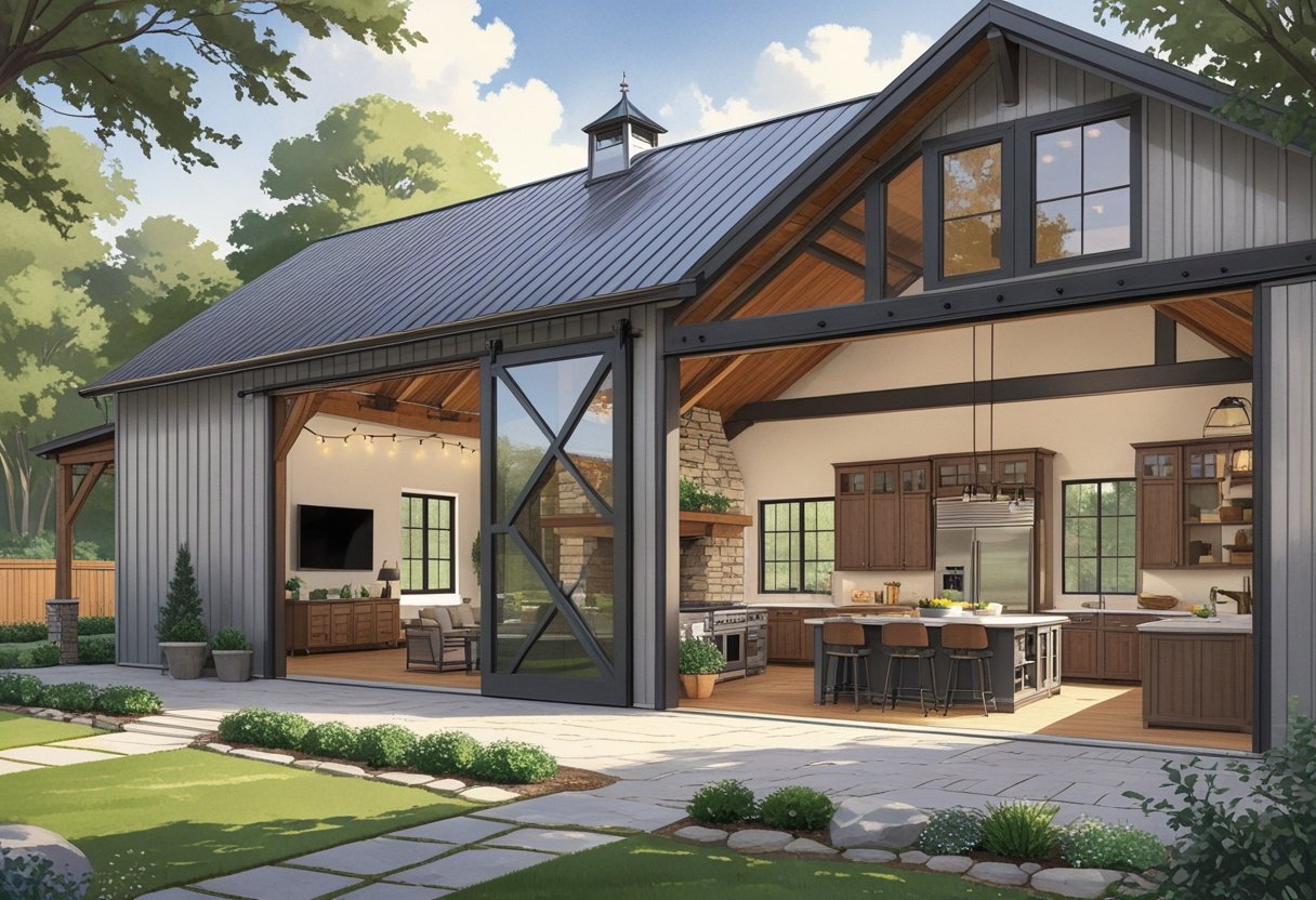 A spacious barndominium showing both exterior and interior views with rustic wooden beams, large windows, a stone fireplace, modern kitchen island, and outdoor seating area with string lights.