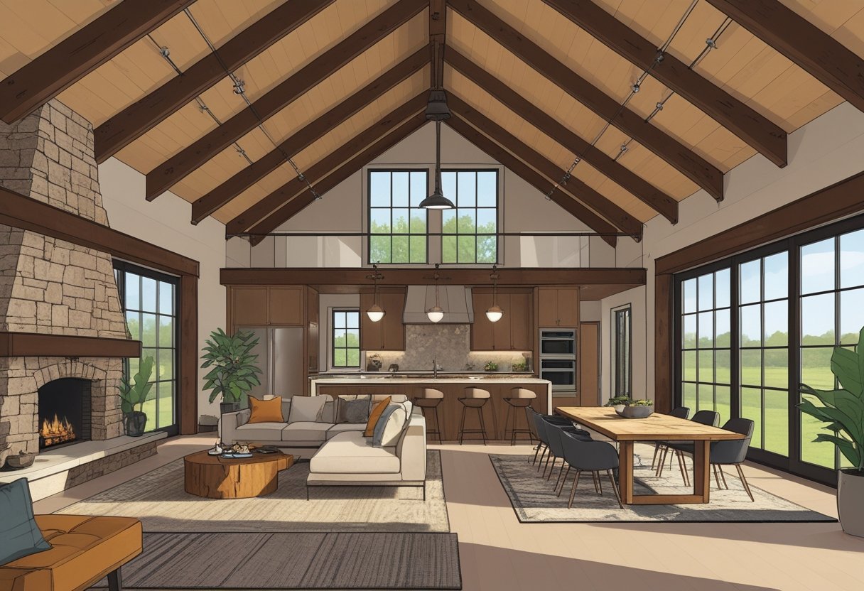 Spacious open living area with high ceilings, wooden beams, large windows, a stone fireplace, kitchen island, and dining table.