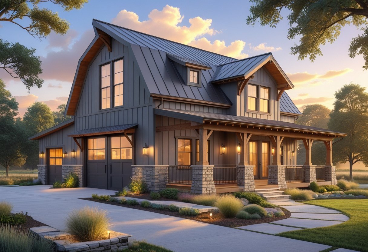 A modern barndominium exterior featuring wood siding, metal roofing, large windows, a wraparound porch, and landscaped surroundings under warm natural light.
