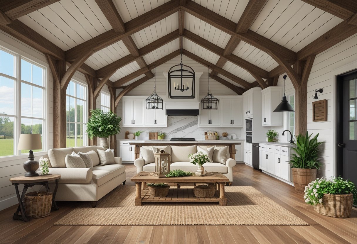 An open living space with wooden beams, white walls, a cozy seating area, modern kitchen, and natural light filling the room.