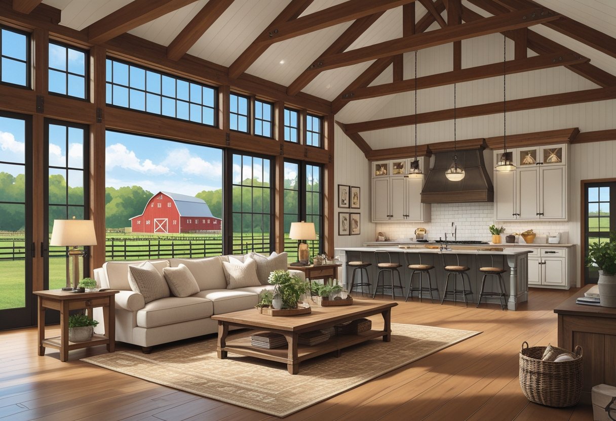 Interior view of a spacious barndominium with rustic wooden beams, a modern farmhouse kitchen, cozy living area, and a view of a farmyard with green fields and a red barn outside.