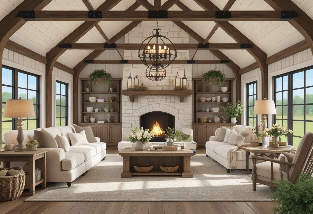 An open living area with wooden beams, a stone fireplace, comfortable seating, and a kitchen with a large island and farmhouse sink, decorated with rustic accents and natural light.