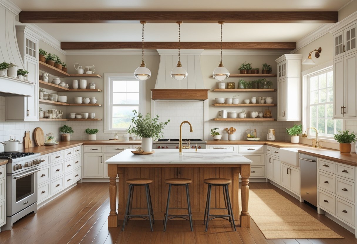 A side-by-side view of a farmhouse kitchen before and after renovation, showing an old kitchen with worn cabinets and a modern bright kitchen with white cabinets, a wooden island, and pendant lights.