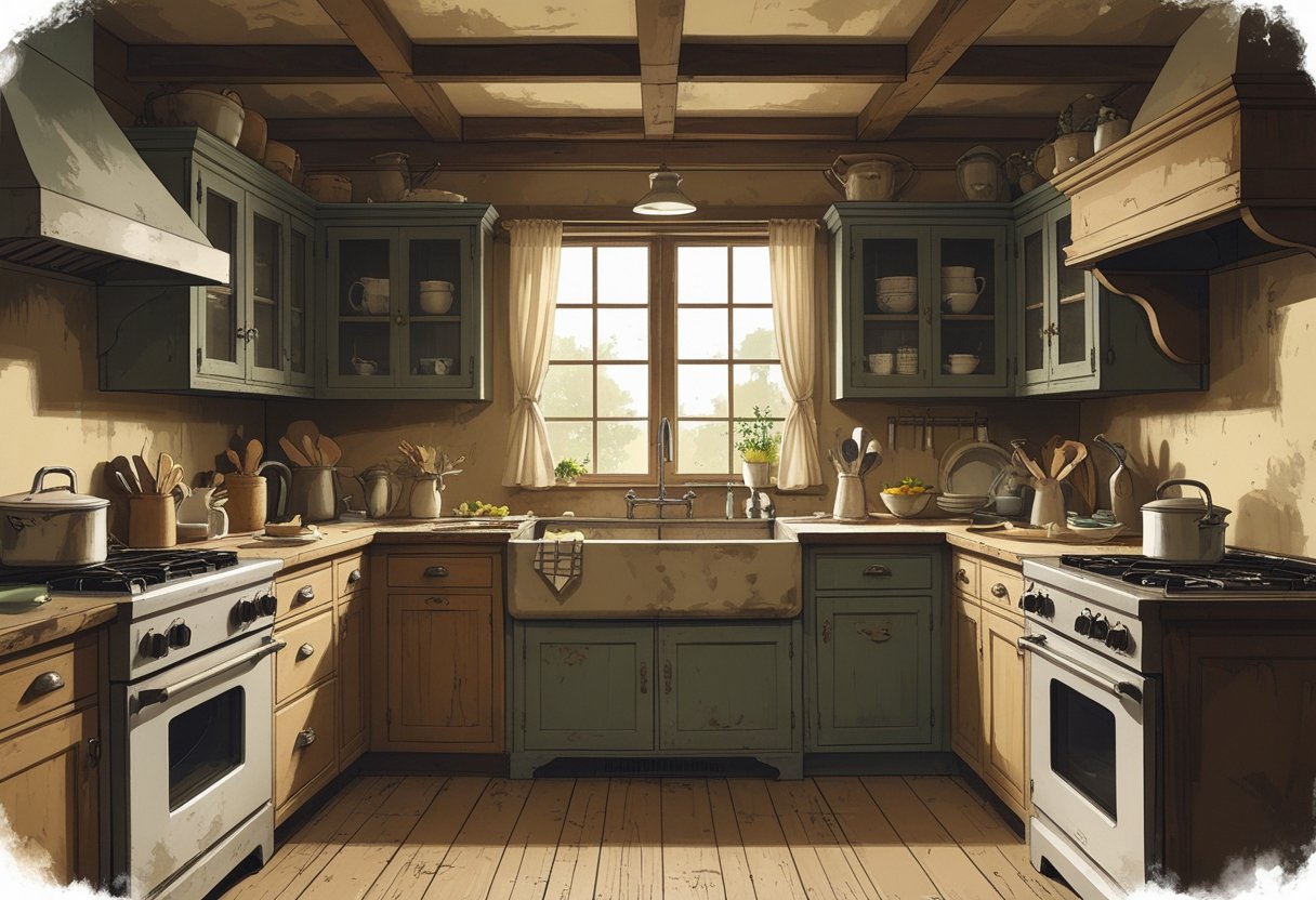 A rustic farmhouse kitchen with worn wooden cabinets, old appliances, and a large sink under a window.