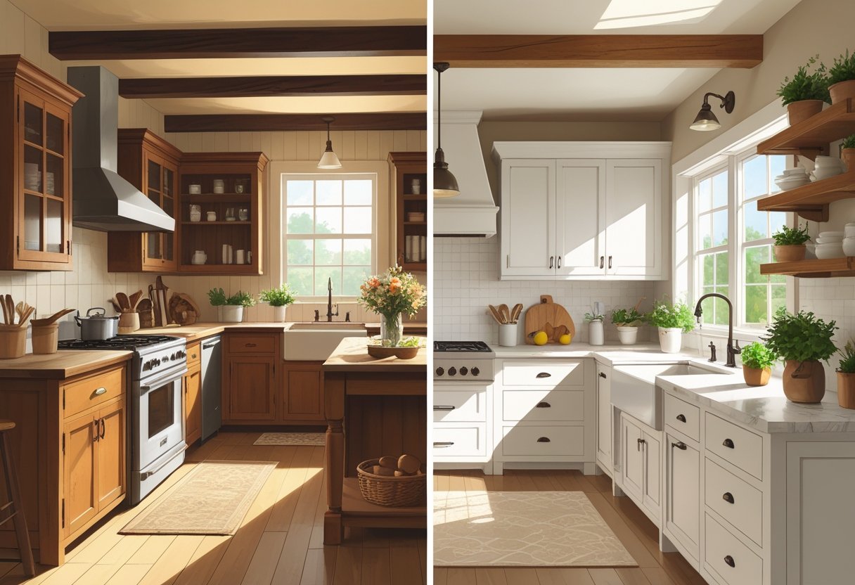 A split-view image showing a farmhouse kitchen before and after renovation, with the left side featuring an old, cluttered kitchen and the right side displaying a bright, modern farmhouse kitchen.