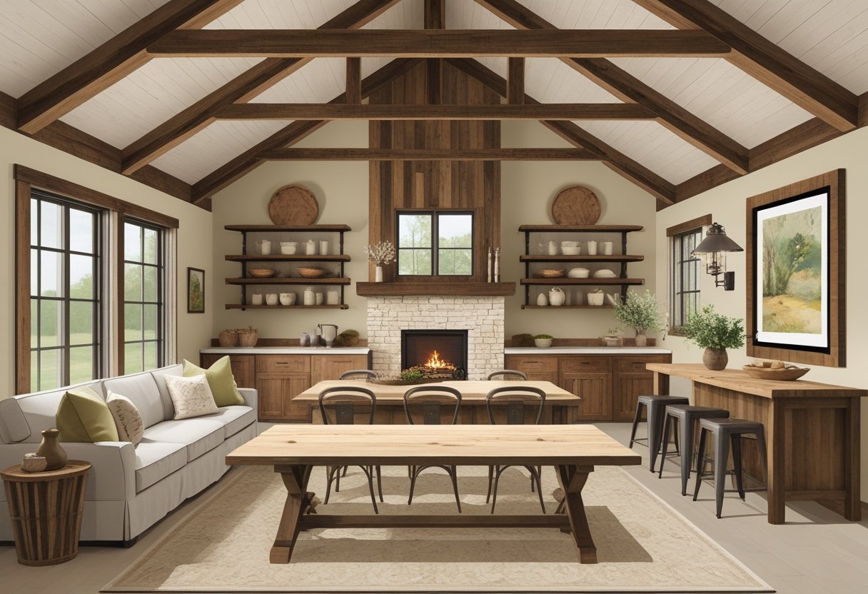 Interior of a barndominium living space showcasing seven reclaimed wood features including beams, furniture, shelving, window frames, and decorative accents.