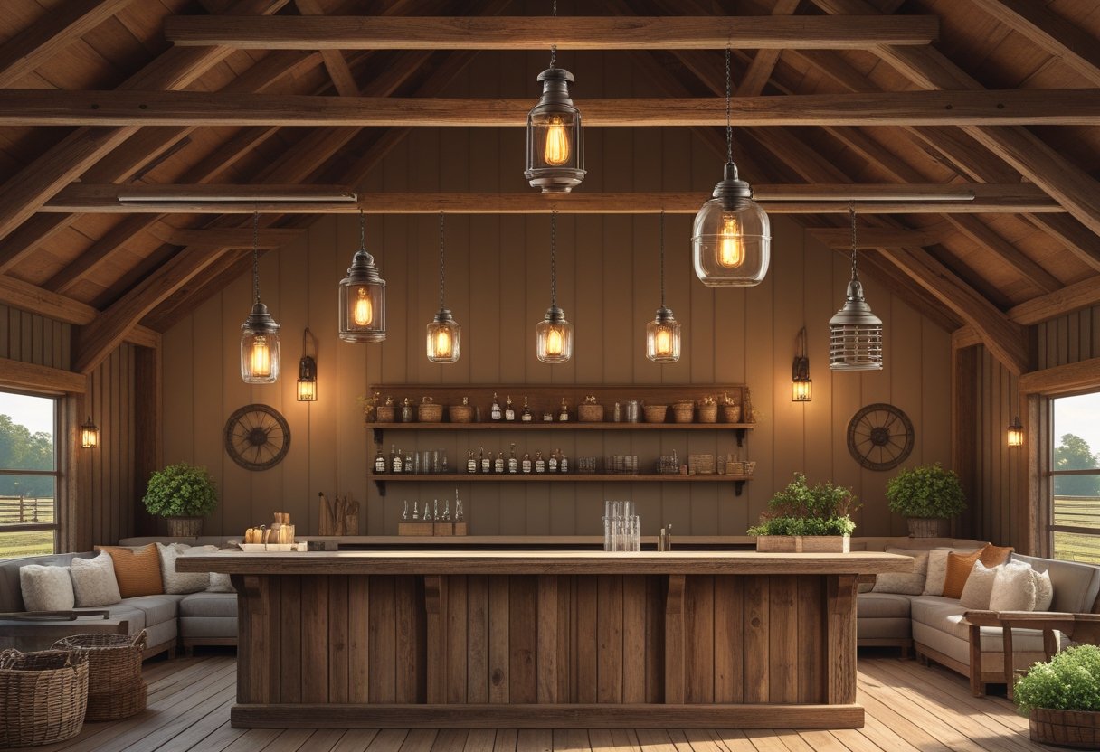 Interior of a barndominium with wooden beams, a wooden bar counter, and seven different farmhouse-style light fixtures casting a warm glow, surrounded by rustic decor and cozy seating.