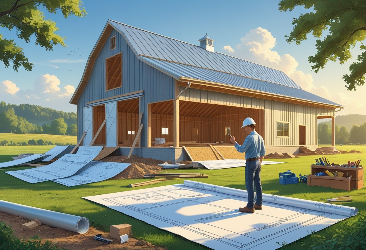 A builder examines blueprints at a partially constructed barndominium surrounded by construction tools and materials on a clear day in a rural area.
