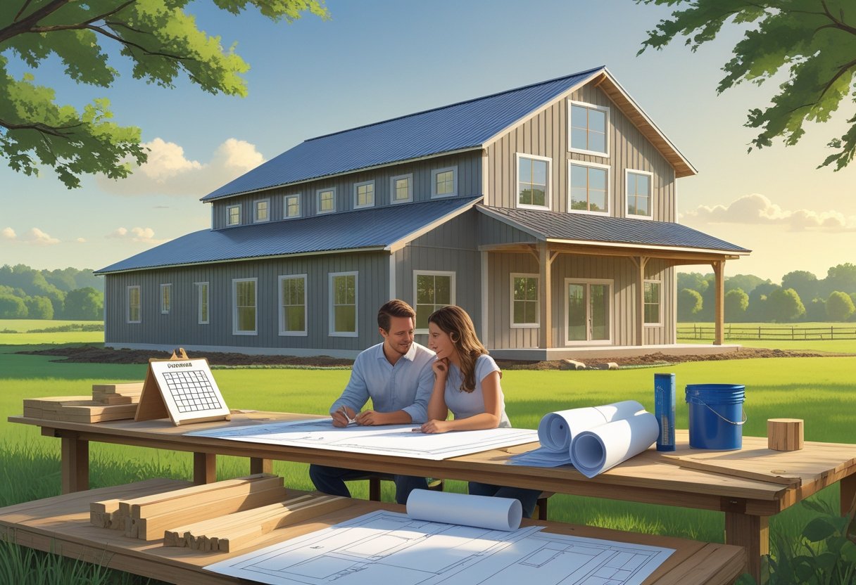 A couple reviewing blueprints next to a partially built barndominium in a peaceful rural setting with construction materials around them.