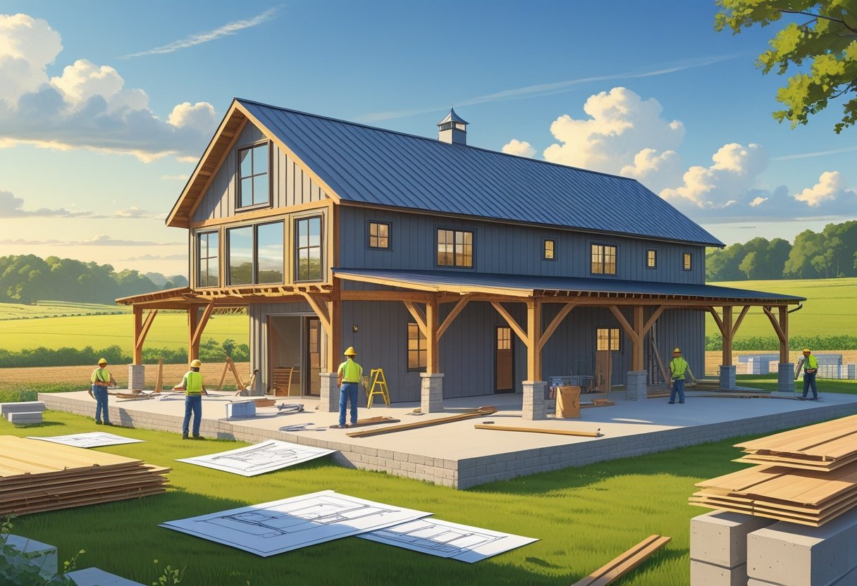 A partially built barndominium in a rural setting with workers, construction materials, and architectural plans nearby under a clear sky.