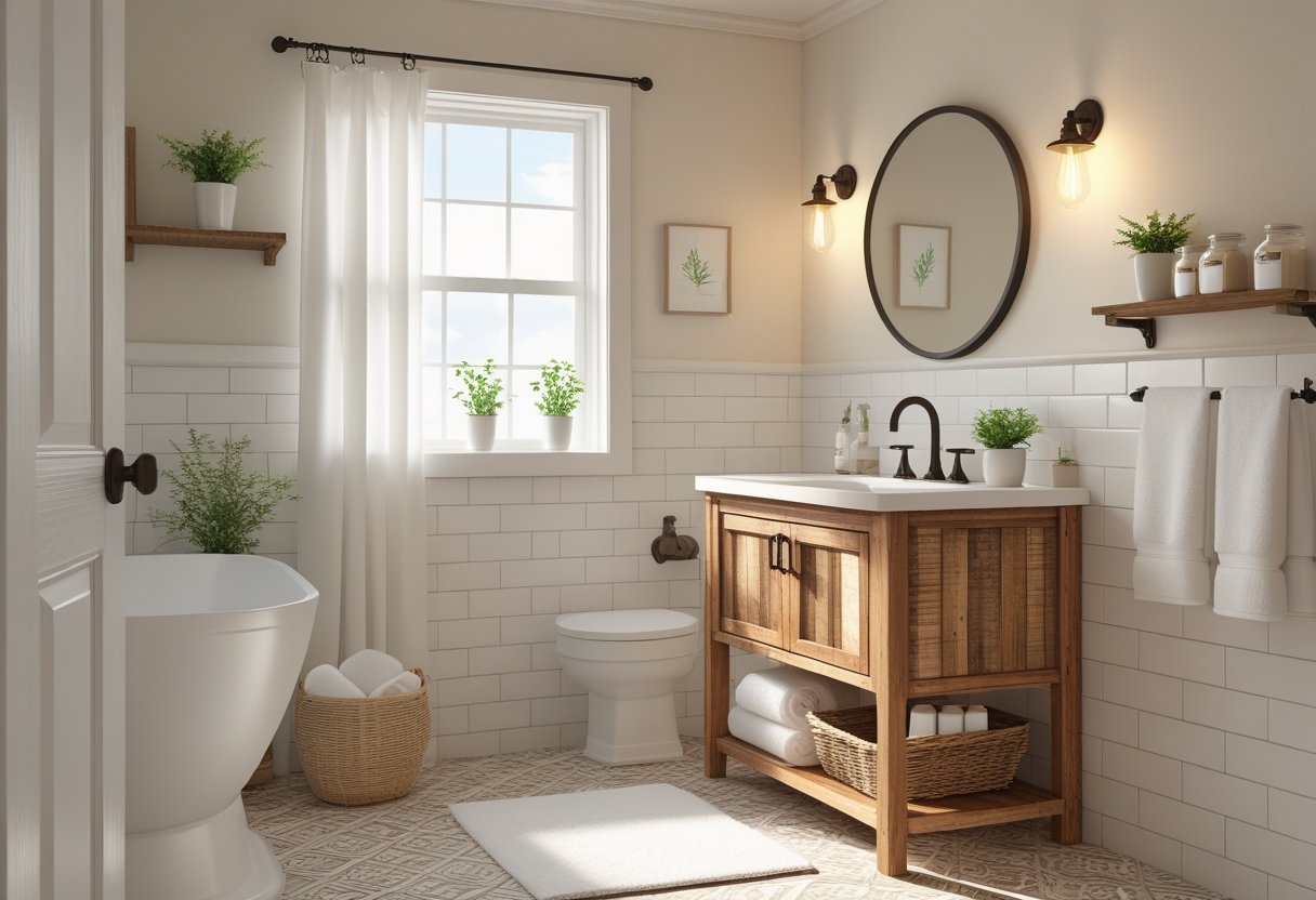 A bright farmhouse bathroom with a wooden vanity, white sink, round mirror, soft natural light, potted plants, and simple decor.