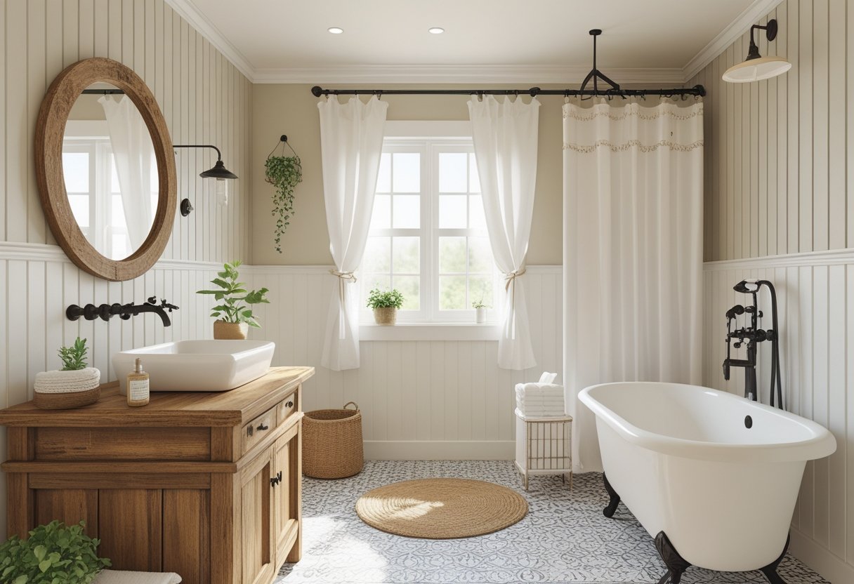 A cozy farmhouse bathroom with a wooden vanity, white sink, clawfoot bathtub, and natural light coming through a window.