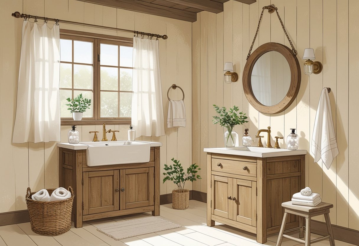 A cozy farmhouse bathroom with a wooden vanity, round mirror, soft natural light, and simple decorative items like a plant and towels.
