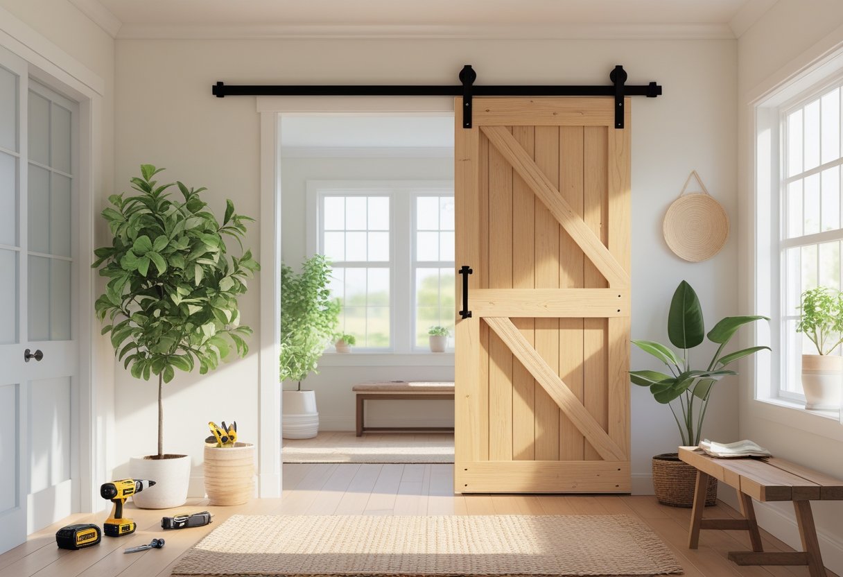 A room with a partially installed wooden barn door on a sliding rail, tools nearby, and cozy decor including a plant and bench.