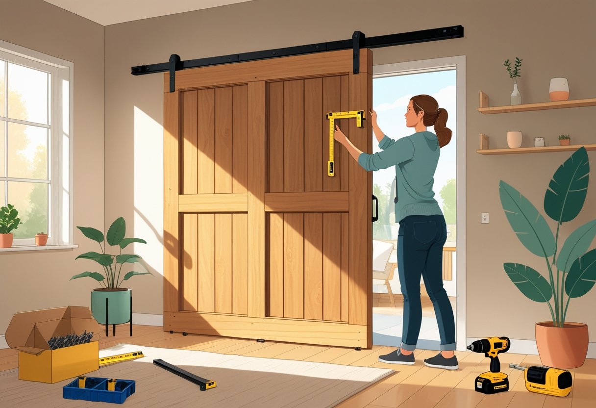 A person installing a large wooden barn door on a sliding track inside a bright, cozy room with tools and materials nearby.
