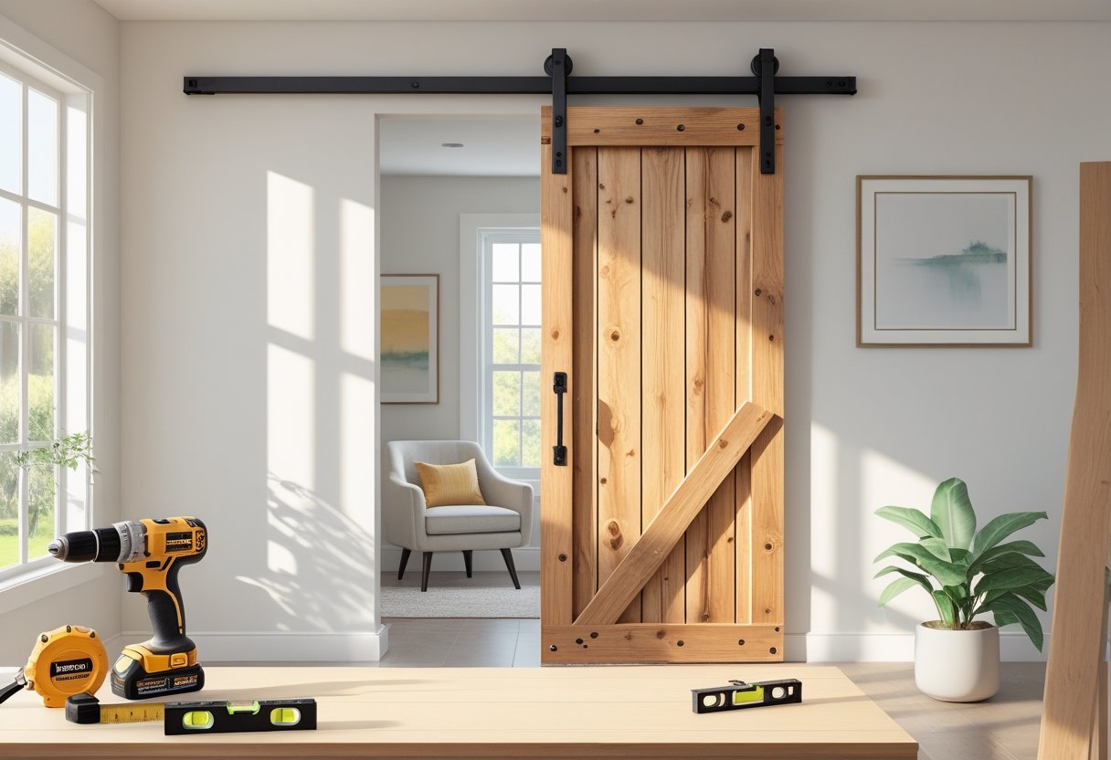A room with a partially installed wooden barn door on a sliding track, tools on a workbench nearby, and natural light coming through a window.