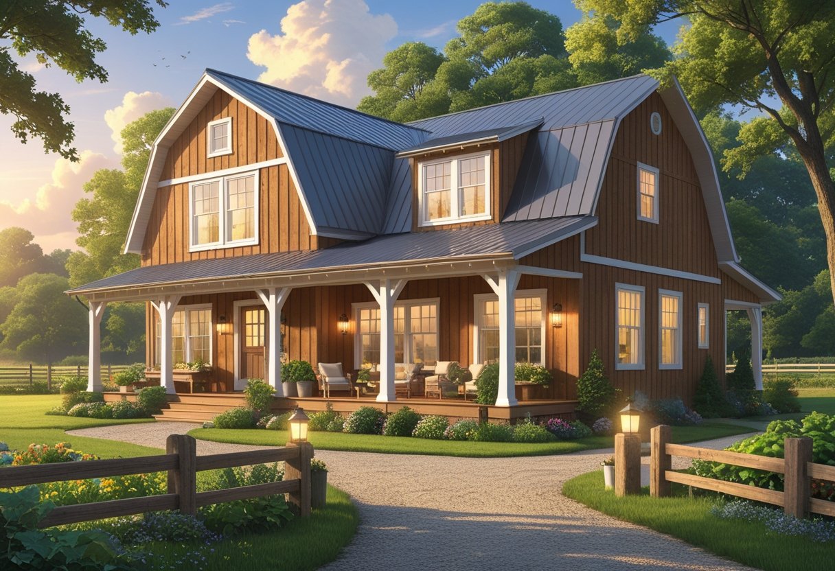 A barn-style house with a front porch surrounded by trees, plants, and a garden under a clear sky.