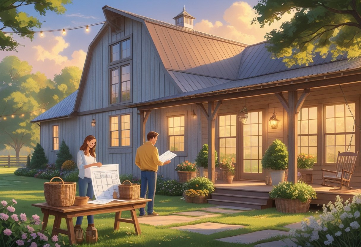 A family planning the transformation of a barndominium into a cozy farmhouse surrounded by greenery and rustic decor.