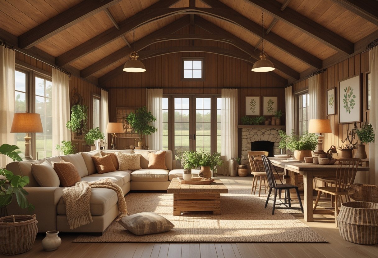 Interior of a warm and inviting barndominium living space with wooden beams, a stone fireplace, comfortable seating, and natural decorative elements.