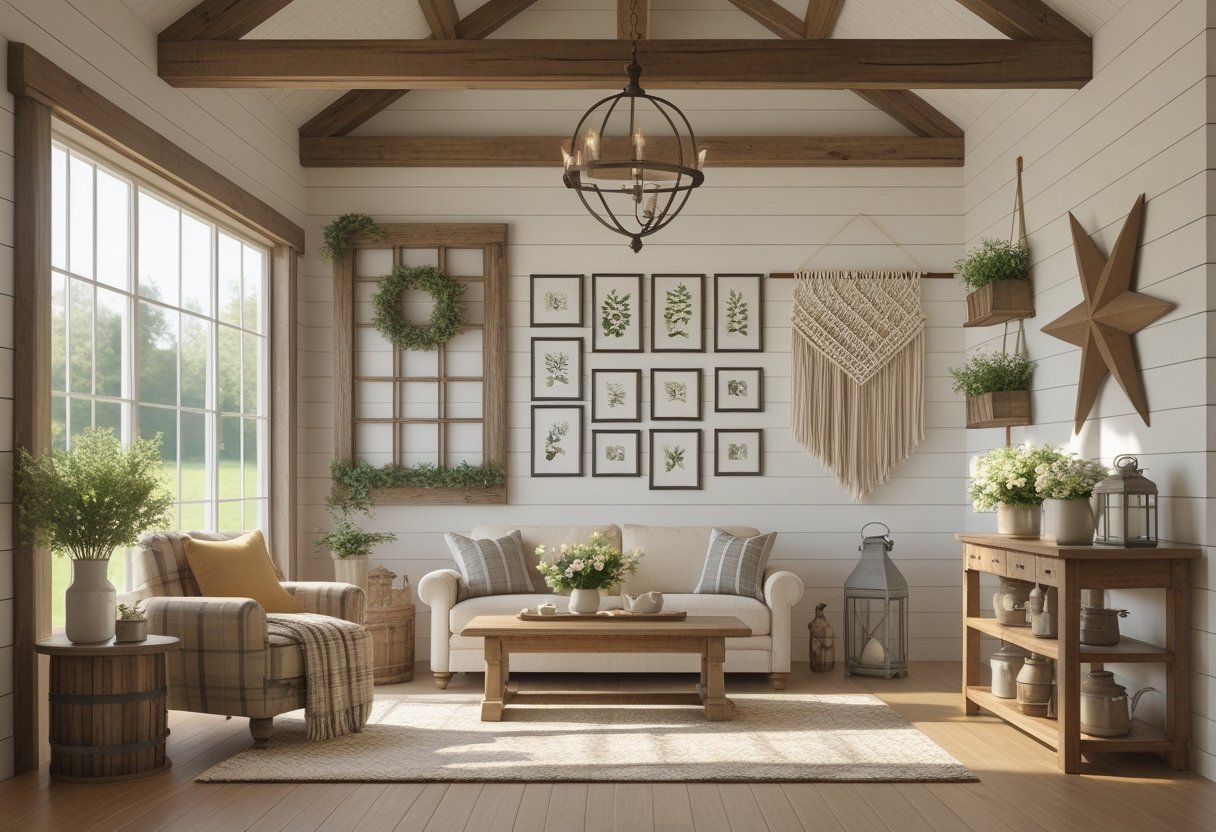 Interior of a warm barn-style home living area with wooden beams, white walls decorated with window frames, photo gallery, macrame hanging, wood plank accent, and a metal star above a wooden shelf with lanterns and pitchers.