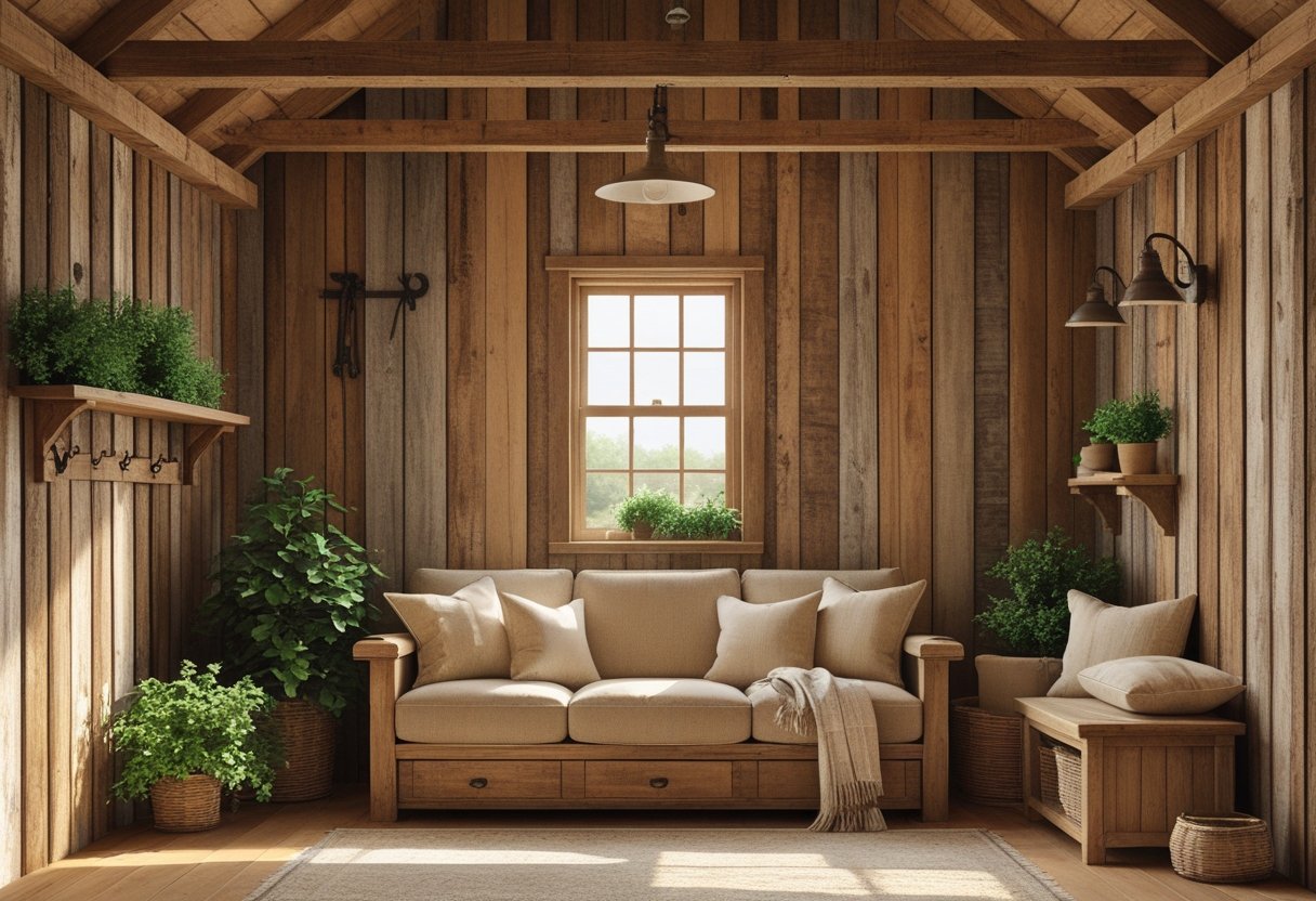 Interior of a cozy barndo with reclaimed wood walls, rustic furniture, and warm natural lighting.