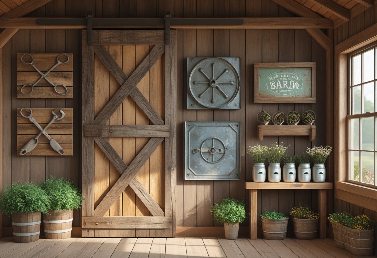 Interior of a barndo with wooden walls decorated with vintage farmhouse items including a barn door, metal tools, a metal sign, a wooden shelf with mason jars and plants, and framed dried flowers.