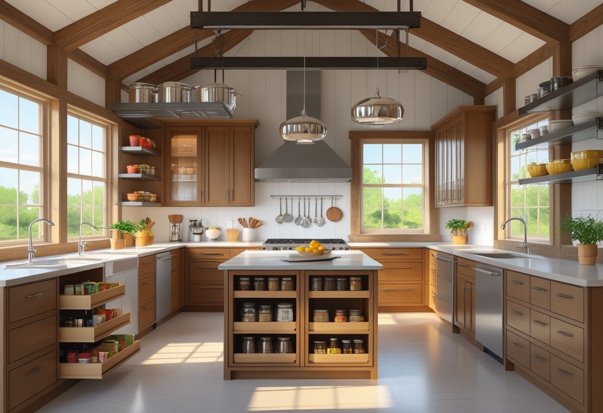 A spacious barndominium kitchen with various built-in storage solutions like pull-out shelves, spice racks, hanging pot racks, and organized drawers.