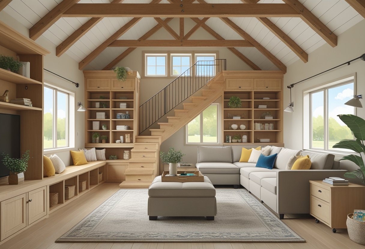 A cozy living room in a barndominium with built-in shelves, hidden storage compartments, and multifunctional furniture designed for smart organization.