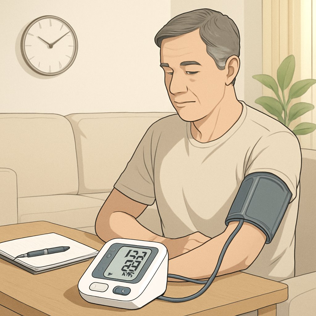 A person sitting on a couch at home, measuring their blood pressure with a digital monitor on their arm, with a notebook on a nearby table.